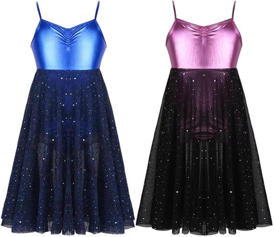 Kids Girls Shiny Sequins Ballet Leotard Spaghetti Straps Mesh Ballet Tutu Dress Children Stage Lyrical Dance Costumes (Color : Blue, Size : 4 Code)