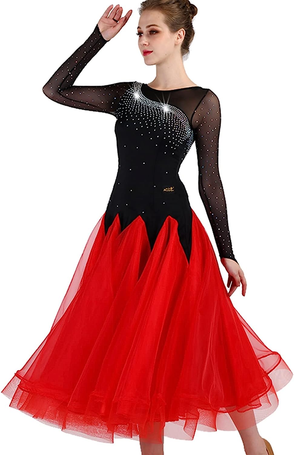 Contemporary Dress, Women's Sleeve Long Swing Dance Costumes for Women Contemporary, Long Sleeve Mesh Tulle Flowy Maxi Long Dress (Size : Large)