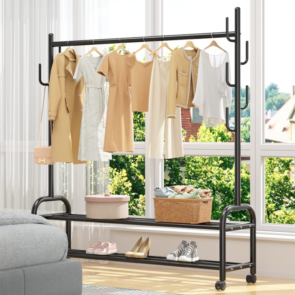 Clothes Organizer Clothes Rack Clothing Rack Garment Rack Rolling Garment Rack Rolling Clothes Rack Organizer with Wheels Bottom Shelves Double Tiers for Multipurpose (Black)