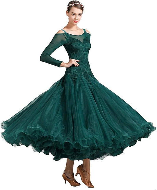 Dark Green Dress National Standard Dance Costume Practice Dress Nude