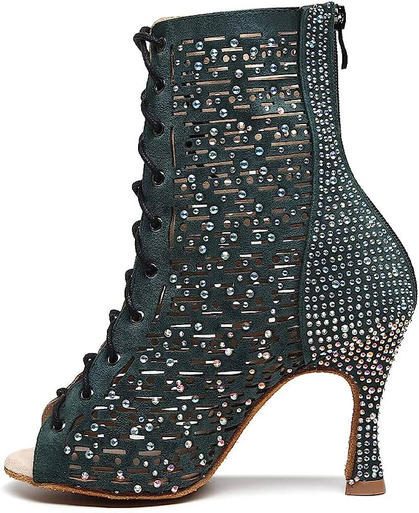 Women Latin Dance Shoes Rhinestones Ballroom Salsa Party Performence Ankle Dance Boots with High Heel,Model-QJW9004