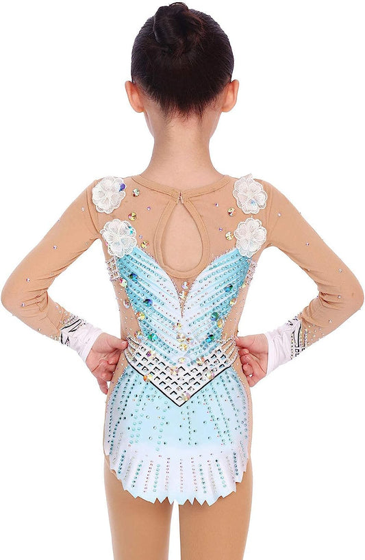 Girls Breathable Rhythmic Gymnastics Leotards, Women Kids Adults Long Sleeve Handmade Training Competition Performance,Blue,8Years