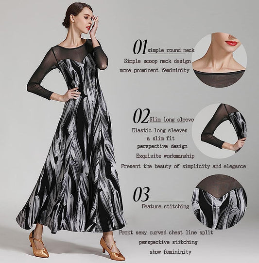 Women's Classic Ballroom Dance Dress,Printed Lace Patchwork Prom Gown,Modern Waltz Training