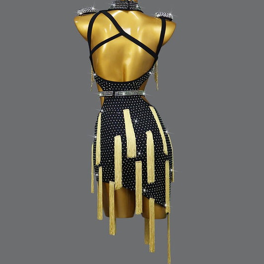 Professional Ballroom Latin Performance Dance Dresses Full Rhinestone Cha Cha Dance Dress Tassel Salsa Dance Outfit