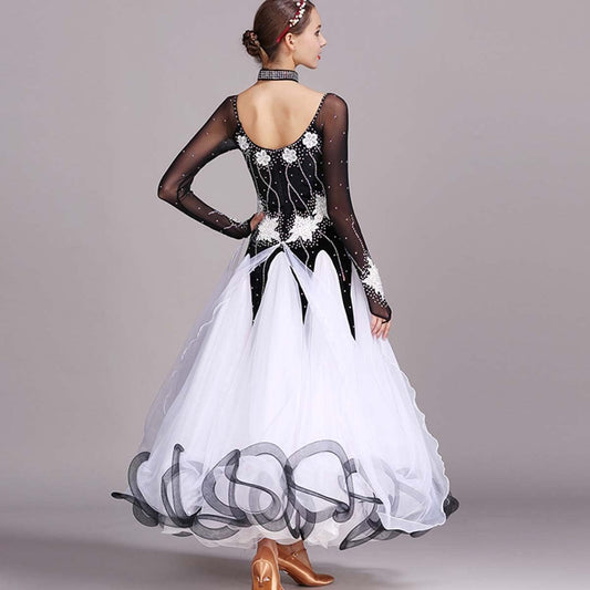 Women Lyrical Dance Costumes Modern Waltz National Standard Dance Costume Lace Stitching Printed Performance Clothing