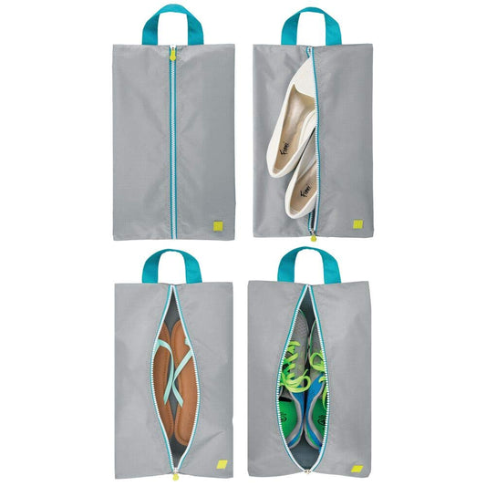 Water-Resistant Shoe Travel Storage Organizer Tote Bag with Zipper Closure and Hanging Loop for Packing Luggage/Suitcase and Carry-On - Pack of 4, Gray/Teal Blue Trim, White Zipper