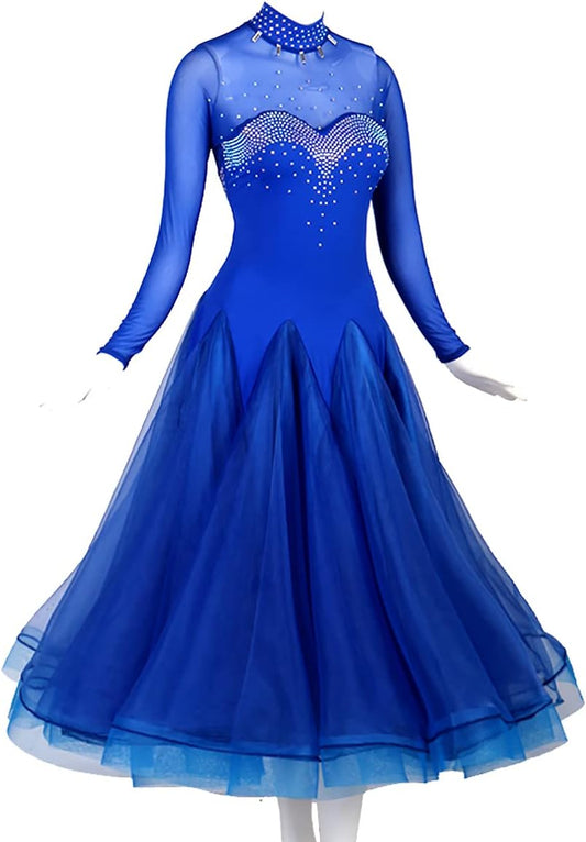 National Standard Ballroom Dance Dresses Women's Waltz Competition Performance Costume with Rhinestones