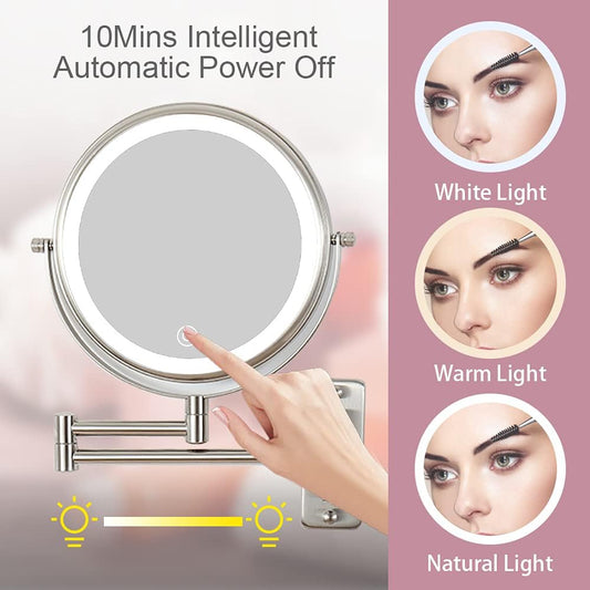 Rechargeable Lighted Makeup Mirror, 10x Magnifying Mirror, 3 Color Lights, Touch Screen Dimming, 360° Extendable Arm Wall Mounted Mirror for Bathroom Shaving (Brushed Nickel)