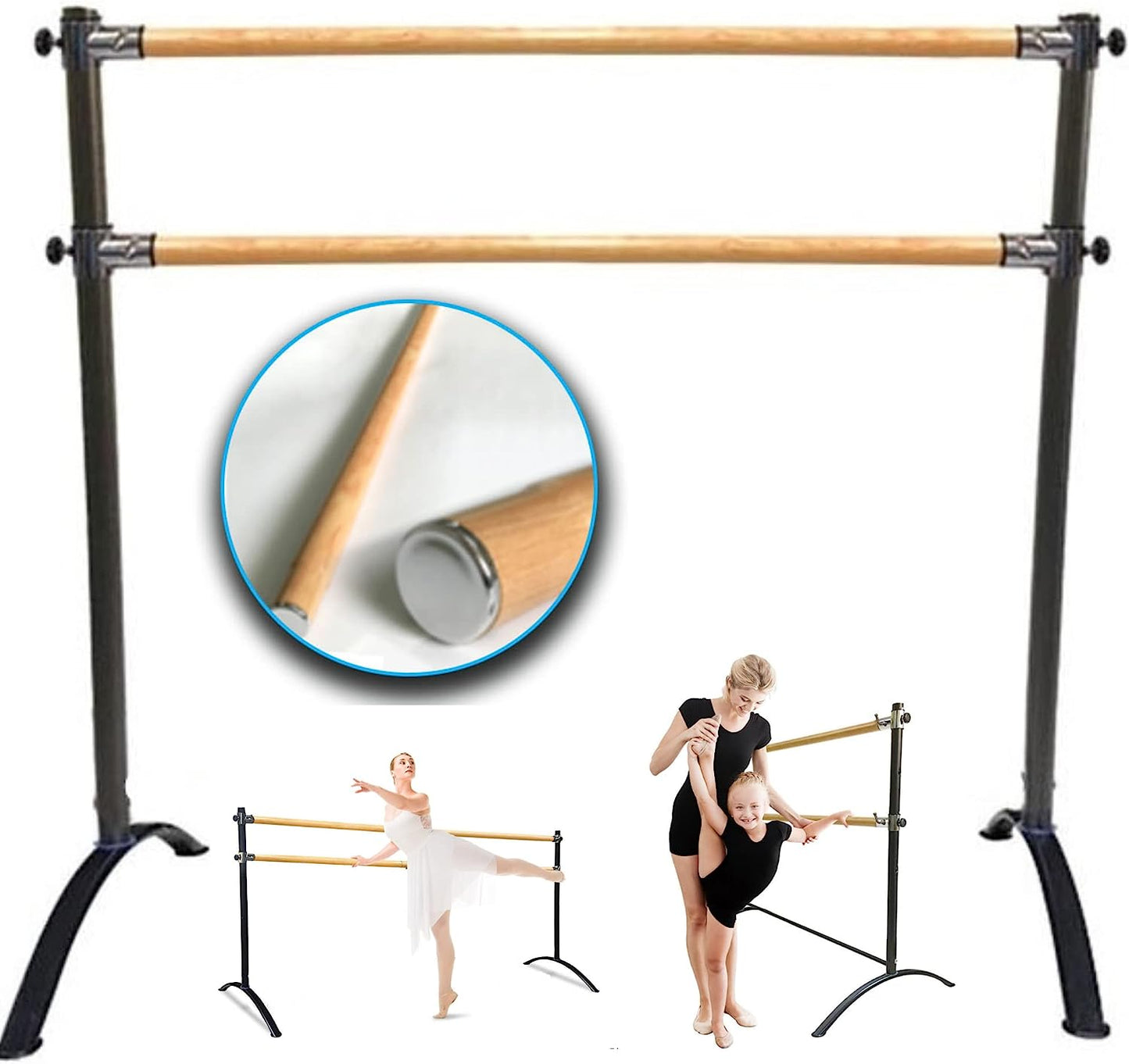 Dance Floor Tiles and Double Ballet Barre Portable for Home or Studio with Dance Half Soles Freestanding Adjustable Double Bar, Kids and Adults, 3 pc. Set