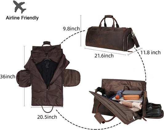 Carry On Garment Bag, Convertible Garment Bag with Shoes Compartment Vintage Full Grain Leather Travel Weekender Overnight Large Duffel Bag 2 in 1 Hanging Suitcase Suit Travel Bags for Men