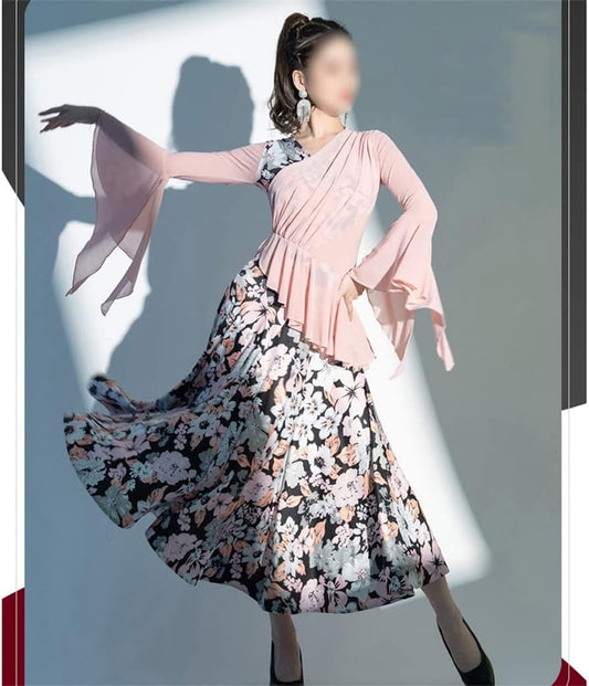 Flora Ballroom Dance Costumes Mesh Long Sleeve Waltz Performance Dress Tango Foxtrot Dancewear (Color : D, Size : XL Code)