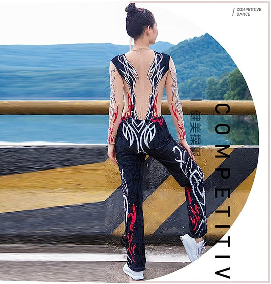 Black Long Sleeve Printed Jacket Acrobatic Gymnastics Leotards Competition Training Girls