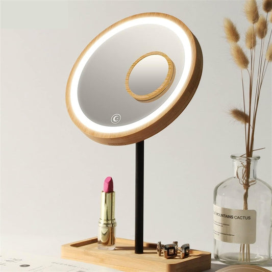 HZ Makeup Mirror Wooden Desktop Makeup Mirror Magnifying Charging Adjustable Bright Diffused Light Touch Screen Beauty Mirrors