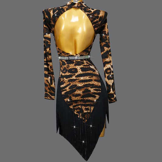 Women's Leopard Latin Dance Dress Printed Ballroom Salsa Performance Dance Outfit Cha Cha Competition Dresses for Rumba