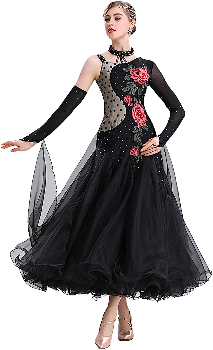 Women's Embroidery Modern Ballroom Dance Dress, Mesh Splice Social Waltz Modern Performance Costumes