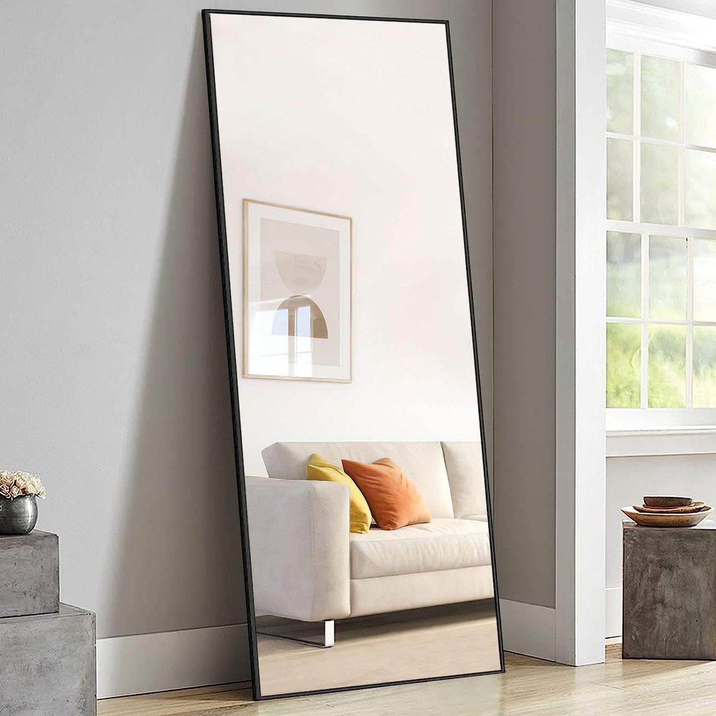 71"x28" Large Mirror Full Length Mirror with Standing Holder Aluminum Alloy Frame Floor Mirror Wall-Mounted Mirror for Living Room, Bedroom, Hanging or Leaning Against Wall, Black (With Stand)