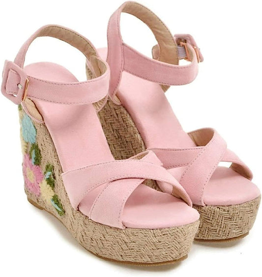 Women's Espadrille Platform Wedge Sandals Open Toe Ankle Strap Faux Suede Arch Support Summer Beach Sandal Shoes