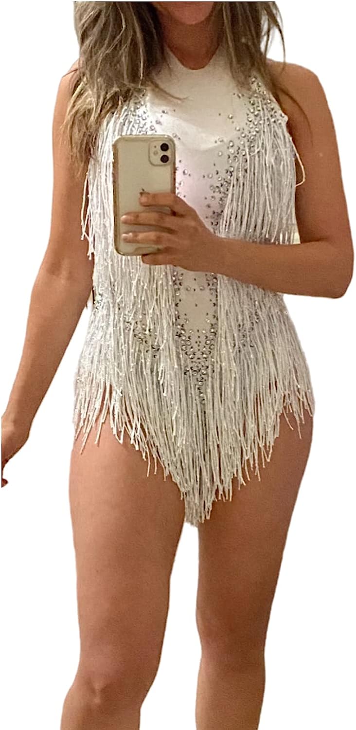 White Sparkle Rhinestone Bodysuit For Women Outfit Fringe Dance Costumes