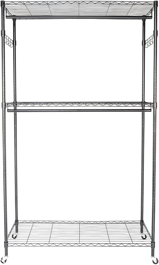 Portable Closets Rolling Garment Rack, 3 Tiers Metal Shelving Clothes Rack with Double Rods and Side Hooks, Freestanding Wardrobe Storage Rack Metal Clothing Rack, Black