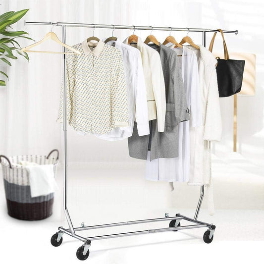 Commercial Clothing Garment Rack, Single Rail Clothes Hanger Freestanding Collapsible/Folding/Adjustable Heavy Duty Rolling Multi-Functional Expandable Clothes Storage w/Shelfs on Wheels