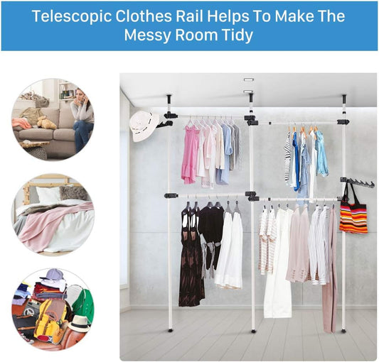 Adjustable Clothing Rack, 2 Tier Double Rod Clothes Rack Freestanding Garment Rack Telescopic Closet Hanger for Hanging Clothes, Floor to Ceiling Rod for Home Bedroom Retail Clothes Organizer