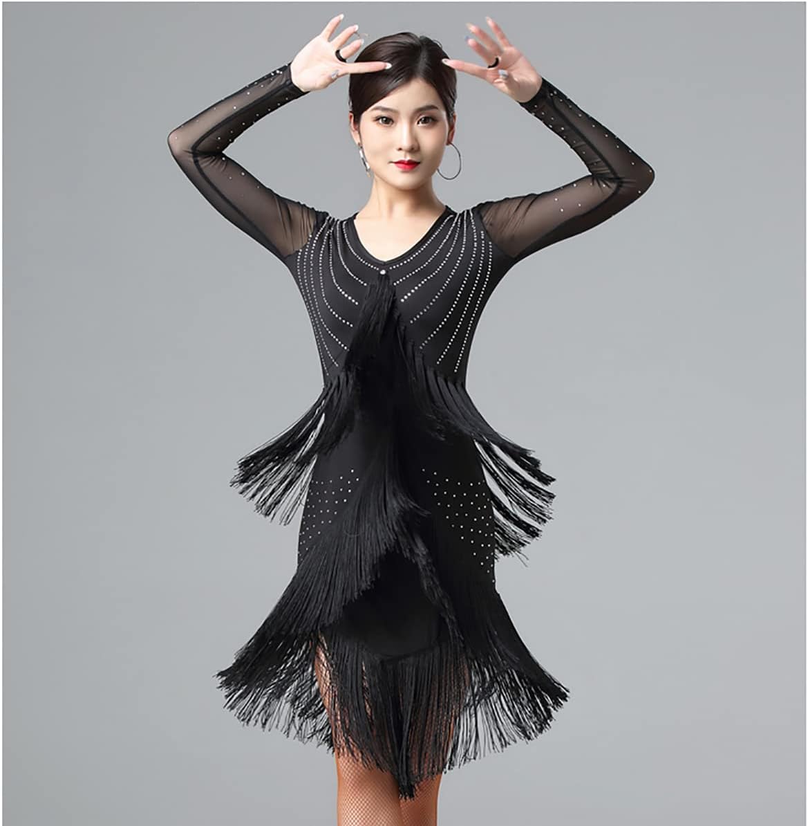 Women V Neck Long Sleeve Latin Competition Dress Fringe Latin Dance Dresses Ballroom Salsa Samba Cha Cha Skirt