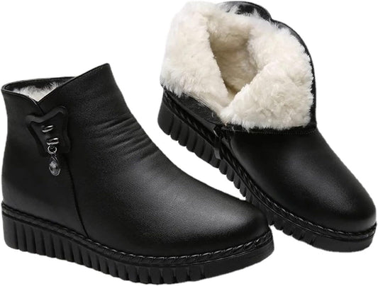 Ladies Boots， Women Snow Boots Winter Flat Heels Ankle Boots Women Warm Platform Shoes Leather Thick Fur Booties. (Color : Black, Size : 7)