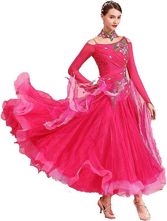 Rose Flamenco Ballroom Dance Dress Modern Dance Waltz Dress Standard Practice Wear Competition Costume