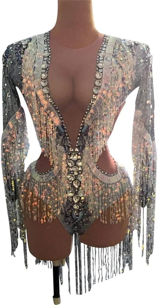 Latin Sparkly Rhinestone Tassel Bodysuit for Women Bling Crystals Leotard Celebrate Outfits Female Singer Stage Wear Costume (Color : A, Size : One Size)