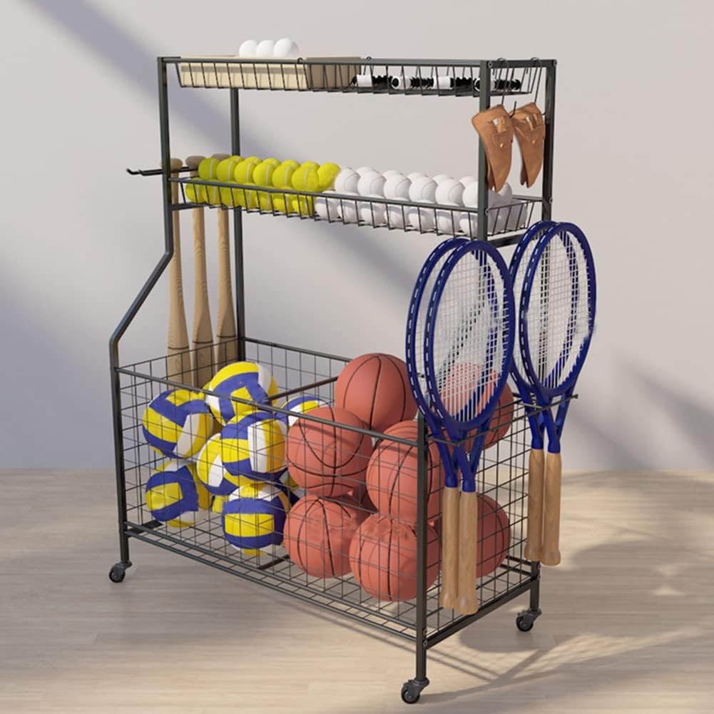 Garage Sports Equipment Storage Organizer, Rolling Ball Cart with Wheels for Sports Gear and Toys, Garage Organizer with Baskets and Hooks