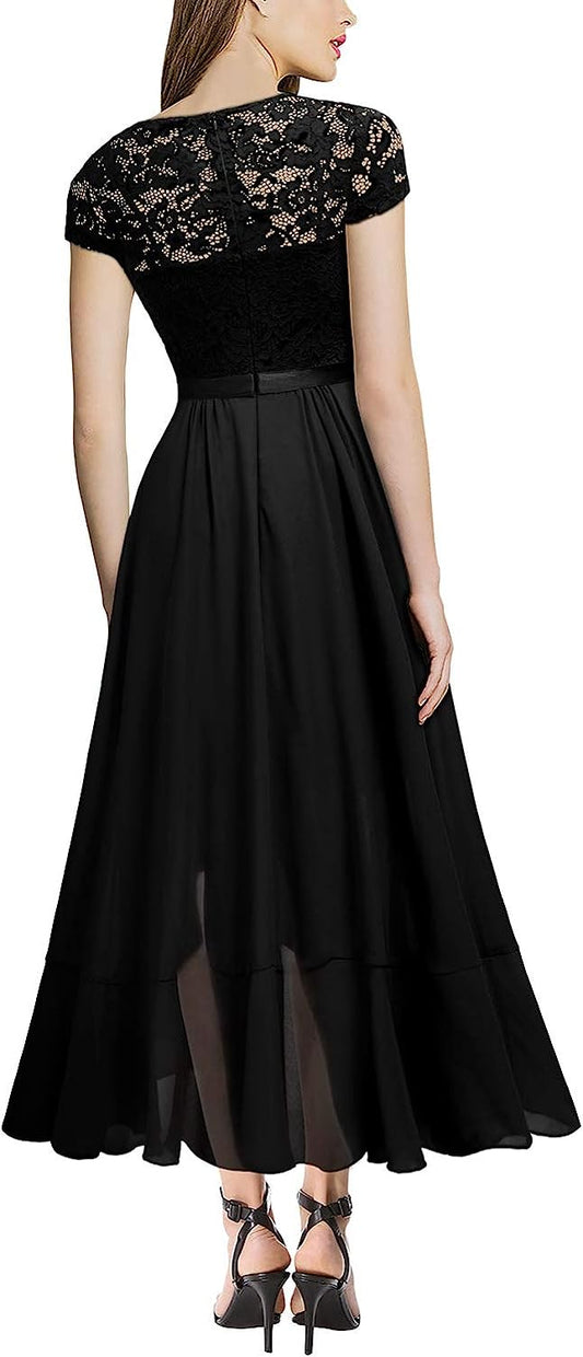 Women's V Neck Elegant Lace Ruffle Bridesmaid Maxi Dress