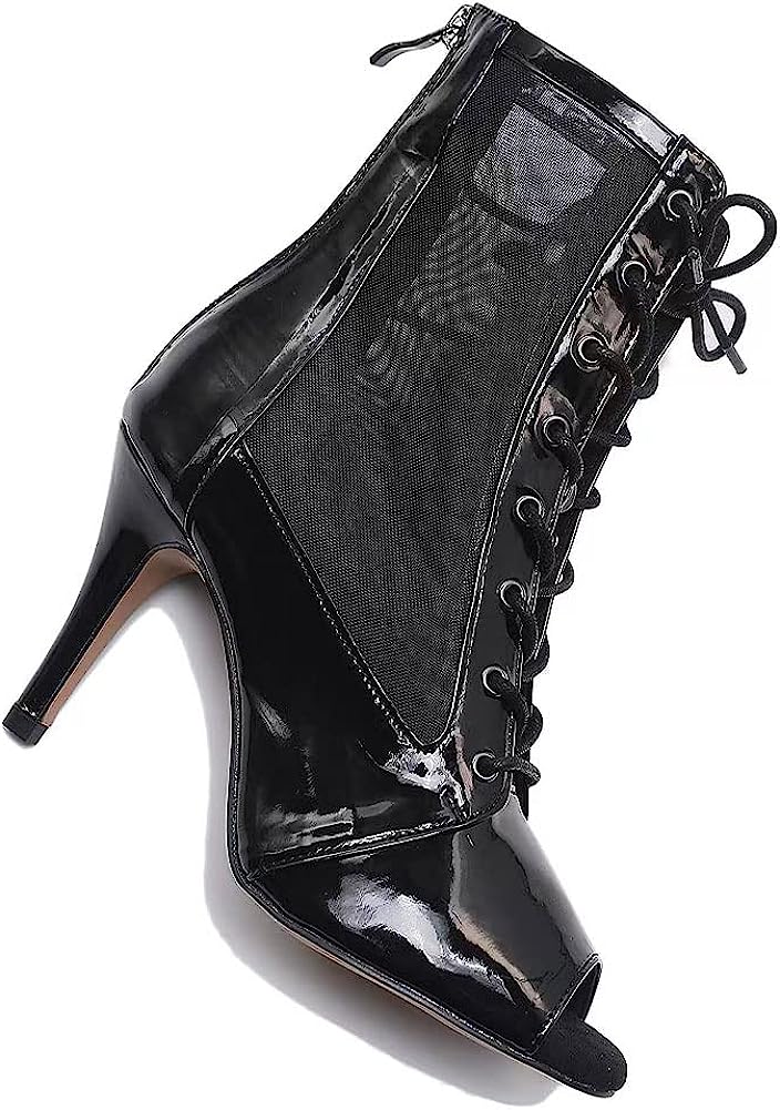 Women's Net Yarn Dance Heels Peep Toe Ballroom Party High Heel Jazz Salsa Dance Shoes Performance Ankle Dance Shoes Black 3 1/3inch Heel,10 US