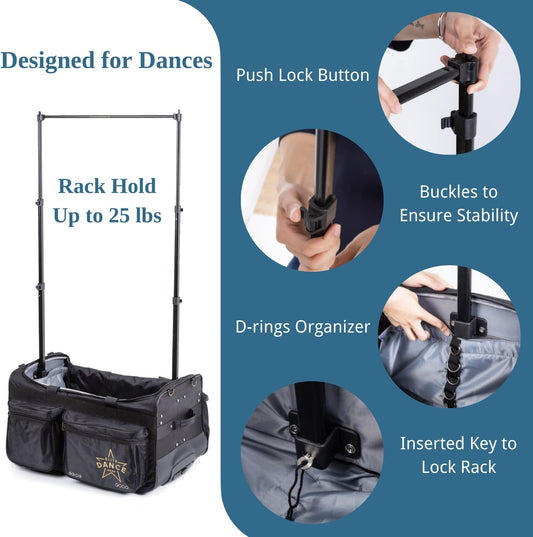 Professional Garment Duffel Bag for Dancer, 28 Inch Dance Bag with Garment Rack and Wheels for Competition, Collapsible, Water Resistant Premium Exterior Polyester Fabric