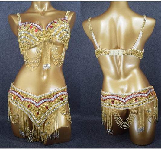 Sequins Women's Belly Dance Costume Wear Bra+Belt 2pcs Set Sexy Ladies Stage Performance Clothing