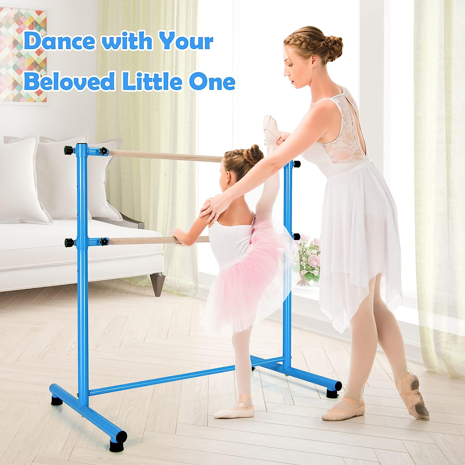 Double Ballet Barre Portable, 47” Freestanding Dancing Barre with 5 Adjustable Heights, Beech Wood Ballet Bar, Fitness Stretching Dancing Bar for Home, Gym, Dancing Room