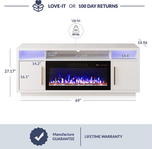 69" Fireplace TV Stand for TVs Up to 75", LED Light Entertainment Center with 36" Electric Fireplace, Storage Cabinet, Media Console Table for Living Room - Avenue (White)