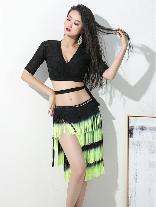 Belly Dance Hip Scarf Two-Color Tassel Wrap Skirt Birthday Suitable for Latin Dance Dance Practice Clothes,Black