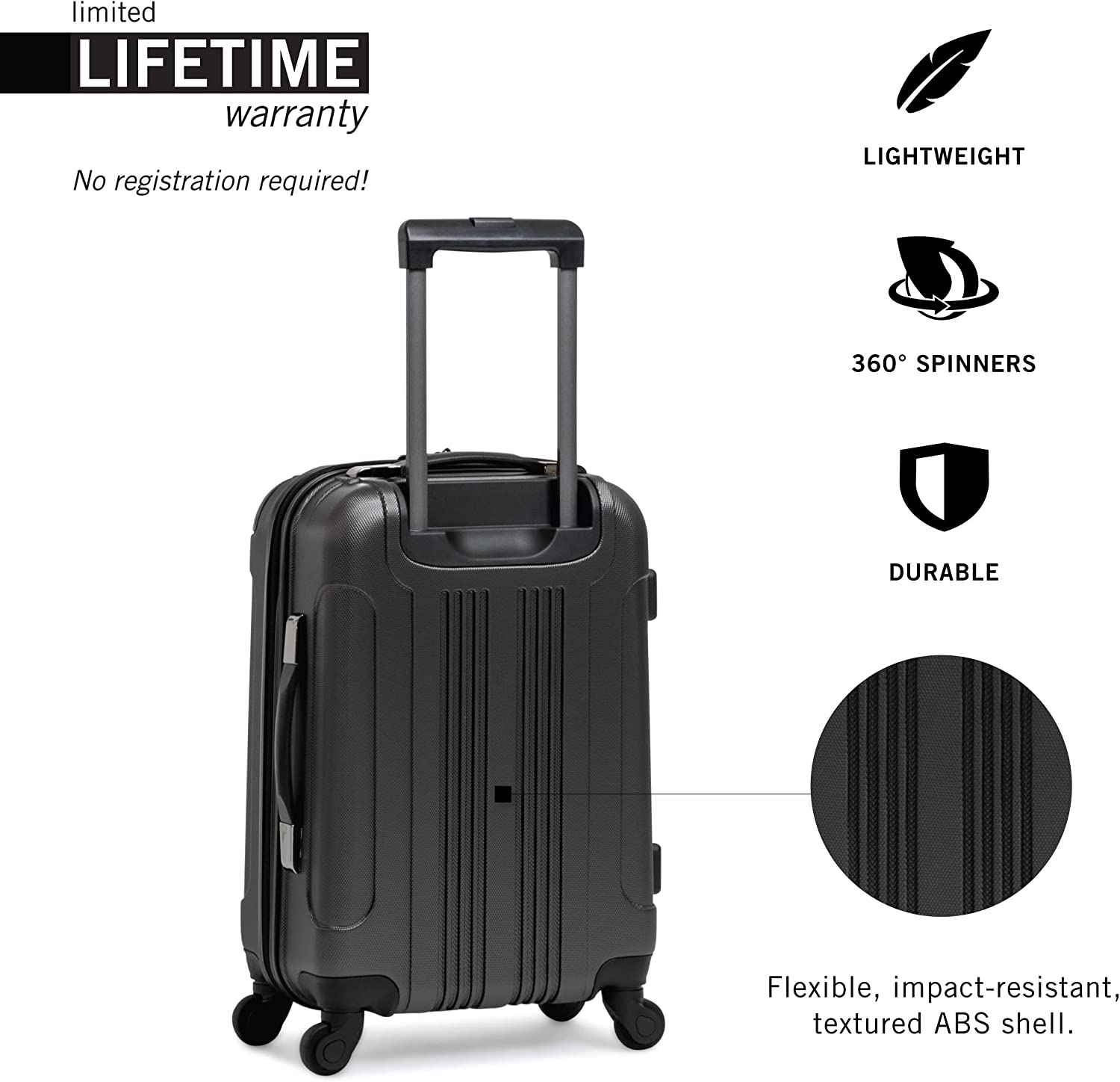 Out of Bounds Lightweight Durable Hardshell 4-Wheel Spinner Cabin Size Travel Suitcase, Charcoal, 20-Inch Carry On