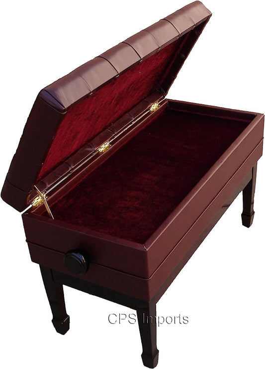 Genuine Leather Adjustable Duet Size Artist Concert Piano Bench Stool in Mahogany Satin with Music Storage