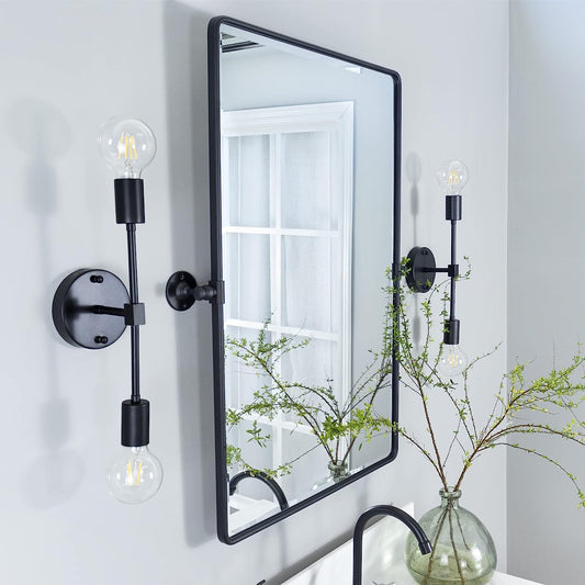 27 x 35 inch Farmhouse Large Black Metal Framed Pivot Rectangle Bathroom Mirror Rounded Rectangluar Tilting Beveled Vanity Mirrors for Wall