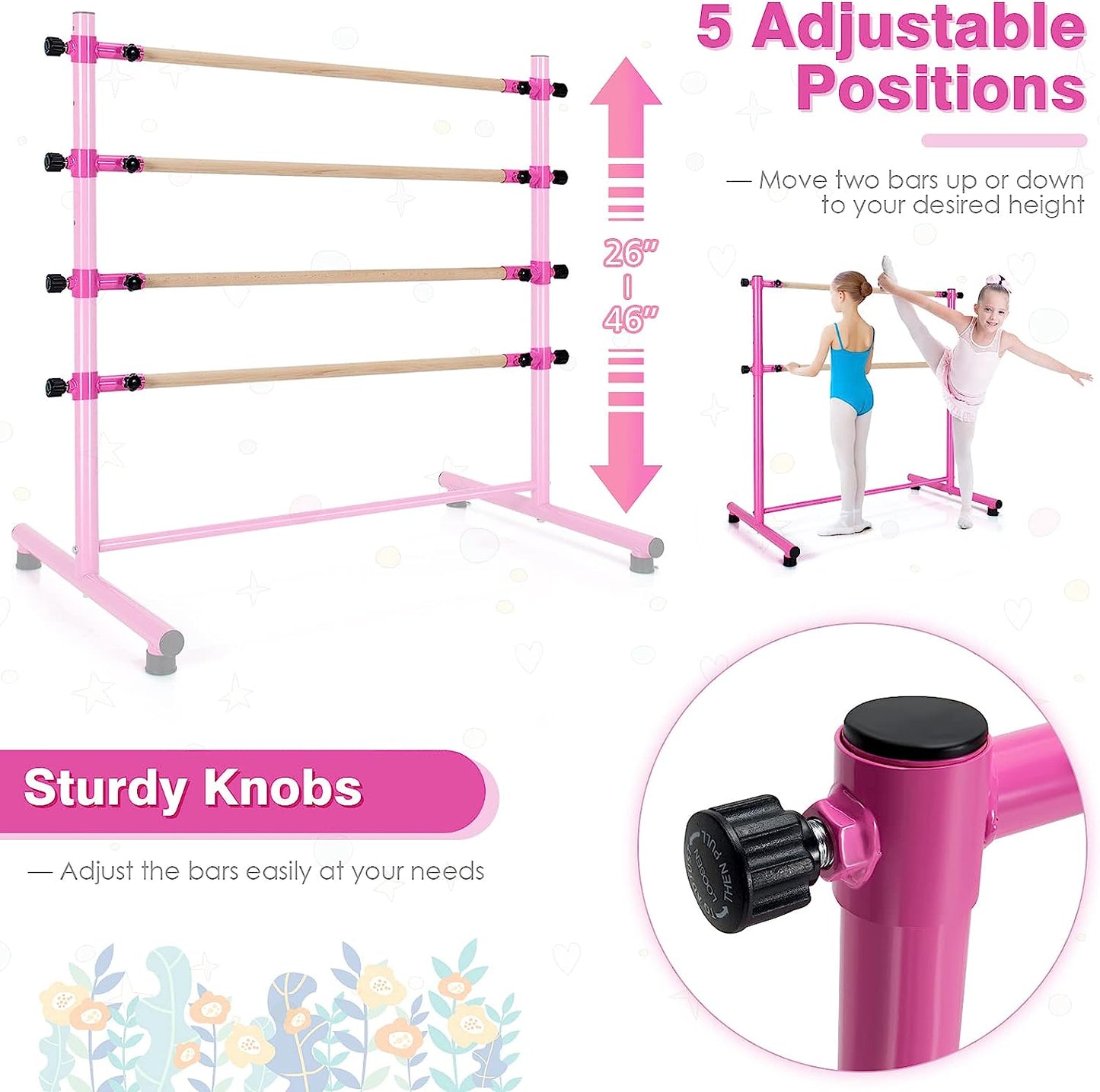 Portable Ballet Barre, 4FT Height Adjustable Double Wood Bar, Freestanding Fitness Dance Bar for Home Studio School, Lightweight Gym Barre Exercise Equipment for Kids & Adults