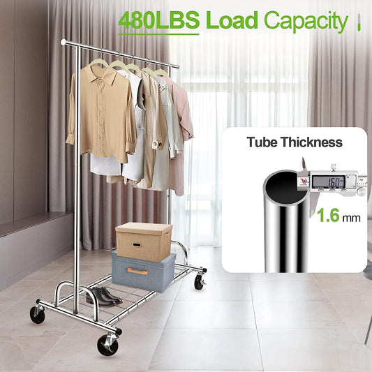 Clothes Rack Heavy Duty Load 480LBS, Grament Rack with Extensible Size, 75" L, Rolling Clothing Rack 2-in-1 with Sturdy Wheels and Shelves, Collapsible Wardrobe Rack, Chrome