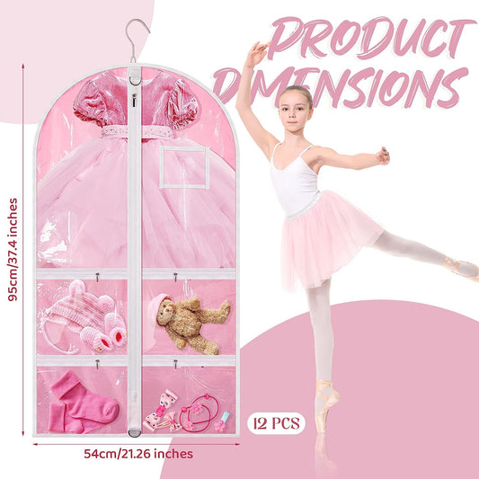12 Pcs Waterproof Hanging Garment Bags for Hanging Clothes with 5 Pockets Pink Clear Garment Bags for Dance Costumes Travel Dress Bag Kids Garment Bag for Sports Theatre Gymnastics Skating