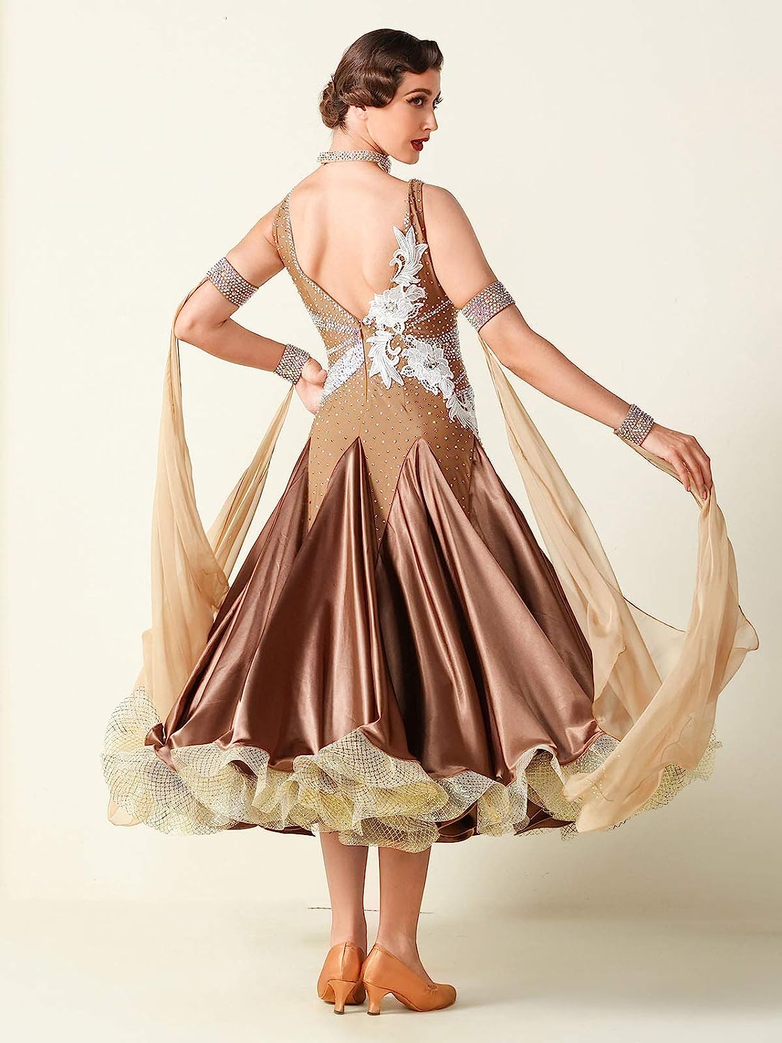 Custom Size,Matte; Ribbon Streamer; Big- Swing with Rhinestone, Women's Ballroom Dance Morden Dress for Professional Competition Fits Waltz, Tango, Foxtrot, etc Brown