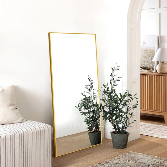 Full Length Mirror, 47" x 22" Wall-Mounted Mirror, Mirror for Wall, Aluminum Alloy Frame Dressing Mirror, Hanging or Leaning Against Wall for Bedroom, Living Room, Entryway, Gold (No Stand)