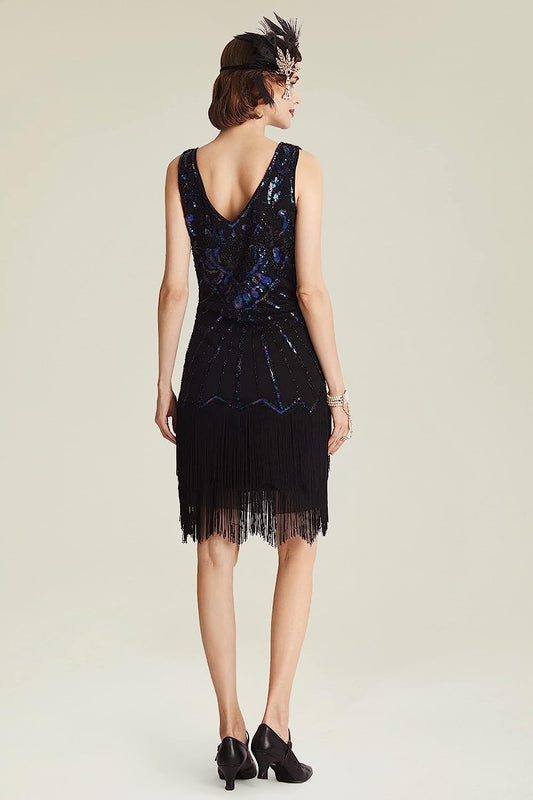 Women's Flapper Dresses 1920s V Neck Beaded Fringed Dress Great Gatsby