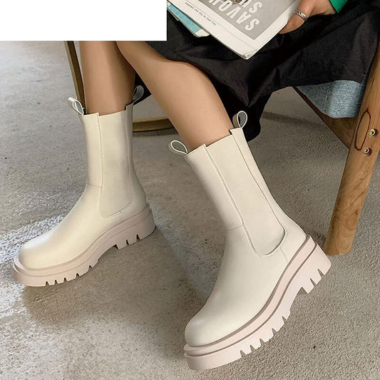 Boots for Women, Round Toe Platform Womens Boots High Top Winter Fleece Warm Shoes Anti-Skid Woman Booties (Color : White, Size : 12)