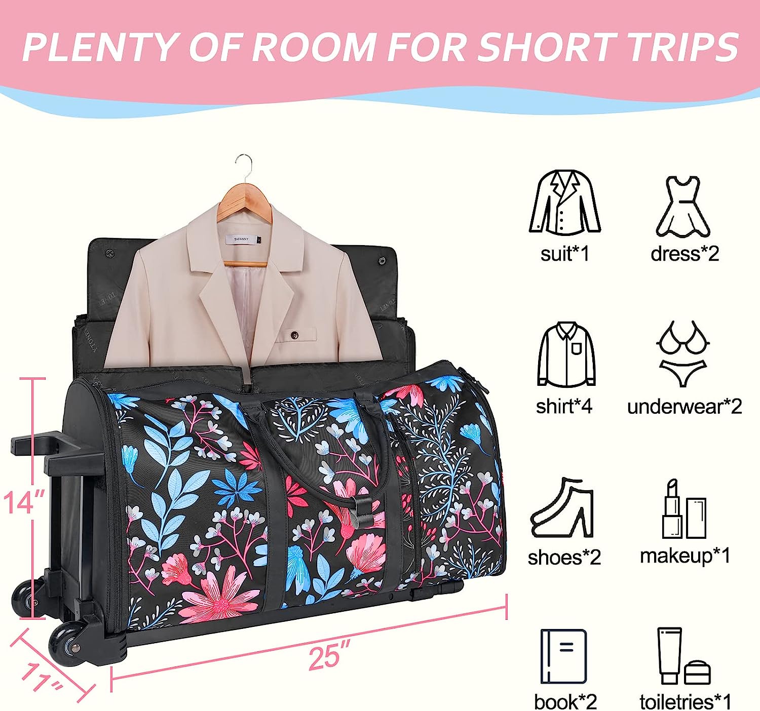 Rolling Garment Bag for Women, Durable Rolling Duffle Bag with Shoe Compartment for Daughter, Garment Bags for Travel with Wheels, Travel Overnight Weekender Bags Trolley Luggage Suitcase, Floral