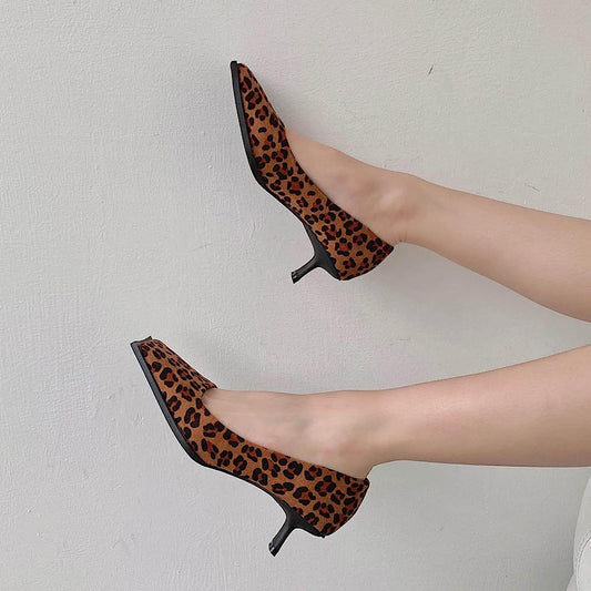 Closed Square Toe Suede Mid Heels Pumps Unique Leopard Womens Slip-ons Brilliant Softable Sole Princess Pump Shoes