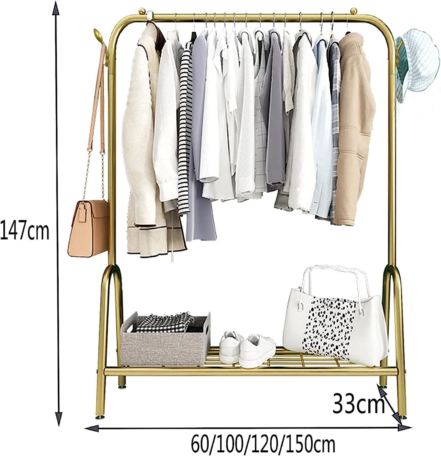 Heavy Duty Clothes Rack,Heavy-Duty Clothes Rail, Clothes Display Rack with 2 Hooks and Bottom Rack, Multi-Function Drying Rack, Coat Rack